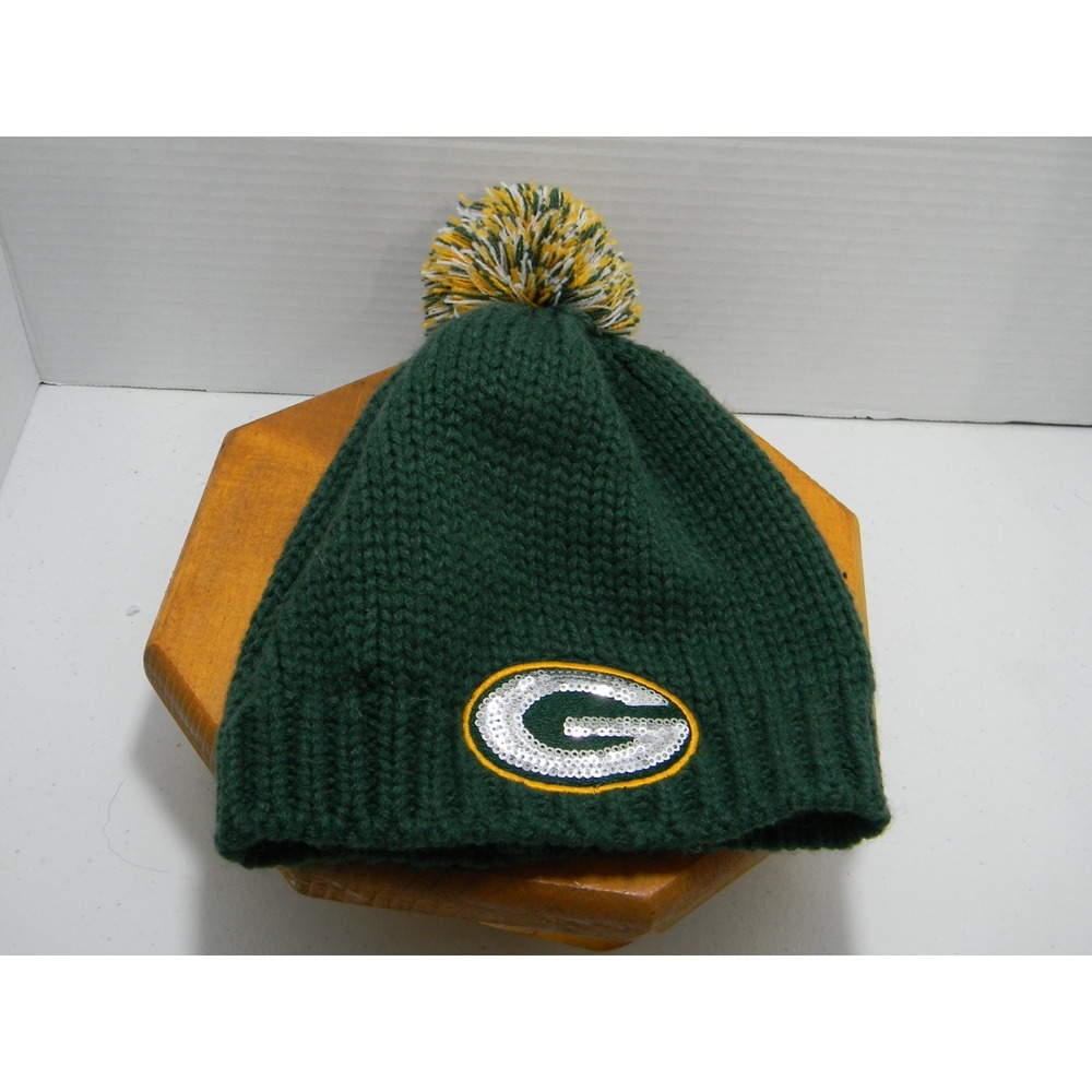 Green Bay Packers Women's Knit Beanie Pom Pom Sequin G NFL Green Gold